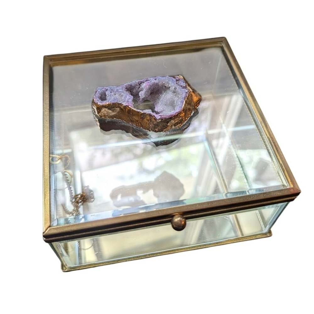American Atelier Jewelry Trinket Box Keepsake Vanity Glass Brass Purple Geode